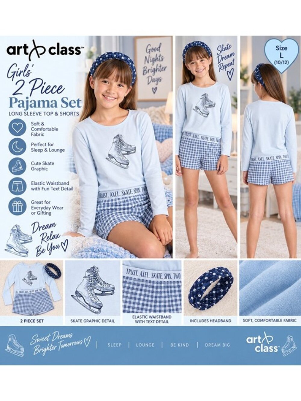 Girls' 2pc Long Sleeve Pajama Set with Spa Headband - art class™ Blue Large